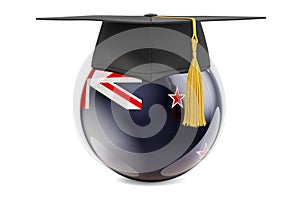 Education in New Zealand concept. New Zealand flag with graduation cap, 3D rendering