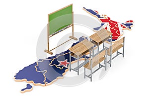 Education in New Zealand, concept. School desks and blackboard on New Zealand map. 3D rendering