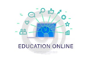 Education online concept. Laptop with video, social media, communication, search, strategy, review icons.