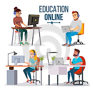Education Online Concept Vector. People Using Online Education Service, Course. E-Learning Science Concept.