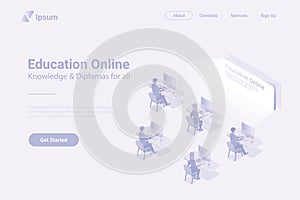 Education Online Isometric Flat white monochrome vector concept