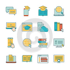 Education online line and fill style icon set vector design