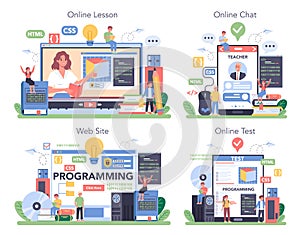 IT education online service or platform set. Student write software