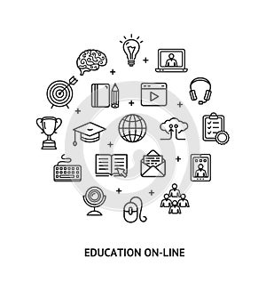 Education Online Sign Round Design Template Thin Line Icon Banner. Vector