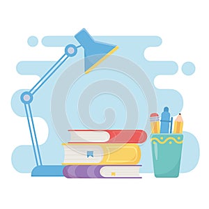 Education online stack books desk lamp and supplies