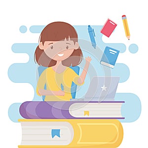 Education online student girl with laptop on stack books