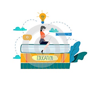 Education, online training courses, distance education flat vector illustration. Internet studying, online book, tutorials, e-lear