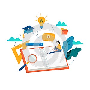 Education, online training courses, distance education vector illustration. Internet studying, online book, tutorials, e-learning,