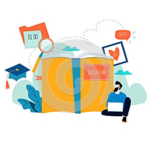 Education, online training courses, distance education vector illustration. Internet studying, online book, tutorials, e-learning,