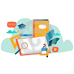 Education, online training courses, distance education vector illustration. Internet studying, online book, tutorials, e-learning,