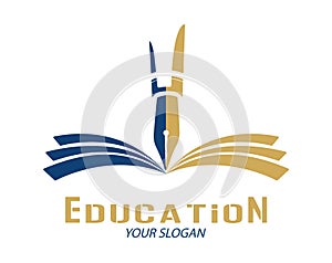 Education. An open book and a fountain ink pen. Logo, brand, or sticker template for websites, apps, and theme design