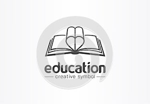 Education, open book with heart shape creative symbol concept. Novel, love story, affair abstract business logo idea