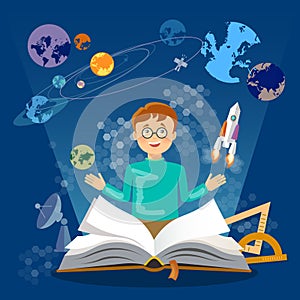 Education open book knowledge schoolboy studying astronomy