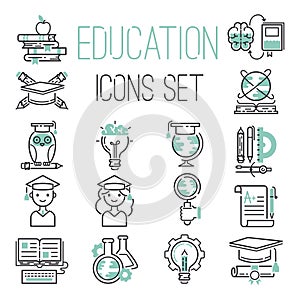 Education outline black school symbol and green icons set university knowledge thin sign graduation graduate learn