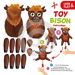 Education paper toy for preschool kid. Follow instructions collect african bison. Game for children. Illustration of cartoon