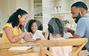 Education, parents and kids learning in home with family support, knowledge and studying together. Happy mom, dad and