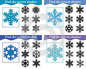 Education for preschool children. Find the correct shadow of snowflakes, set of educational game for kids. Vector illustration