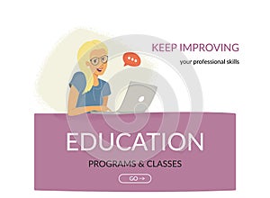 Education programs and classes. Woman sitting on banner with laptop and enrolling in coding or financial courses