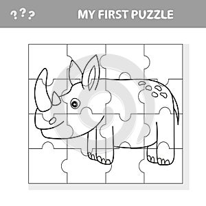 Education Puzzle Game for Preschool Children with Funny Rhino or Rhinoceros