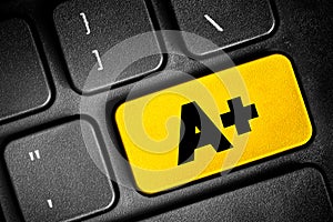 Education rating A plus text button on keyboard, concept background