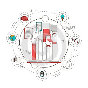 Education and reading books concept vector illustration in linear style. Design elements, line icons