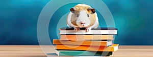 Education and reading concept - group of books with guinea pig. celebrating a new school year. back-to-school