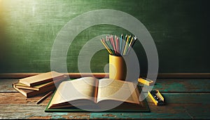 Education and reading concept - group of books on the wooden table in the classroom, blackboard background