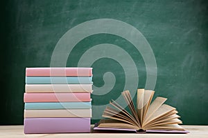 Education and reading concept - group of colorful books on the wooden table in the classroom, blackboard background