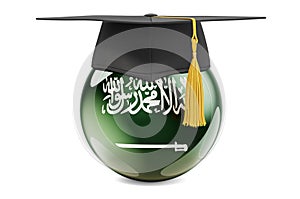 Education in Saudi Arabia concept. Saudi Arabian flag with graduation cap, 3D rendering