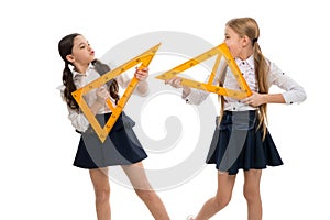 Education and school concept. School students learning geometry. Kids school uniform isolated white. STEM concept. Learn