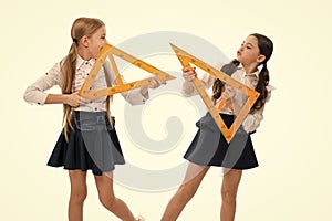 Education and school concept. School students learning geometry. Kids school uniform isolated white. STEM concept. Learn