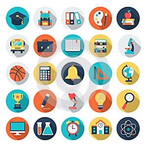 education and school flat icons set with long shadows. colorful circle study knowledge symbol. elearning concept. vector