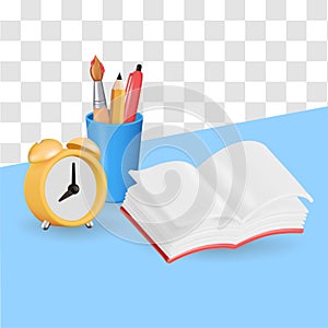 education, school vector icon set with book, alarm clock, pencil. learning, collection of 3d icons for learning.