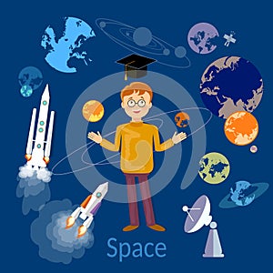 Education schoolboy studying astronomy and space