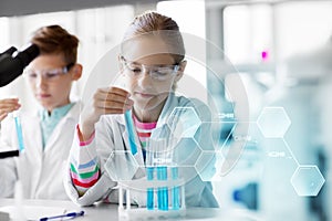 Kids with test tubes studying chemistry at school photo