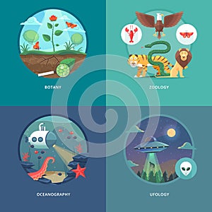 Education and science concept illustrations. Botany, zoology, oceanography and ufology . Science of life and origin of species.