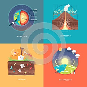 Education and science concept illustrations. Geophysics, seismology, geology, meteorology .