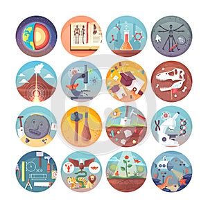 Education and science flat circle icons set. Subjects and scientific disciplines. Vector icon collection.