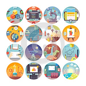 Education and science flat circle icons set. Subjects and scientific disciplines. Vector icon collection.