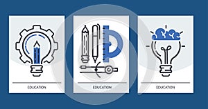 Education set of cards vector illustration. Online education, learning, learn to think. Pencil, pen, calipers protractor