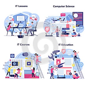 IT education set. Student write software and create code for computer.