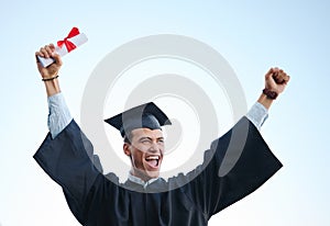 Education, success and student celebrating university graduation, cheeriing, joy and victory. Motivation, vision and man