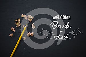 Education and supplies for banner background on blackboard top view with copy space. Back to school concept