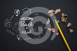 Education and supplies for banner background on blackboard top view with copy space. Back to school concept