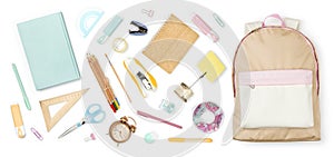 Education supplies and tools for children study on white background