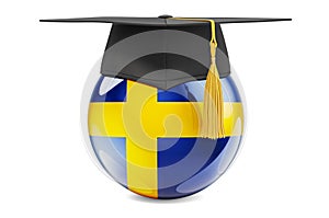 Education in Sweden concept. Swedish flag with graduation cap, 3D rendering