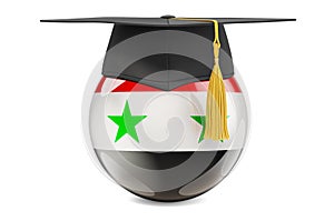 Education in Syria concept. Syrian flag with graduation cap, 3D rendering