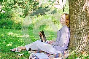 Education technology and internet concept. Natural environment office. Work outdoors benefits. Woman with laptop work
