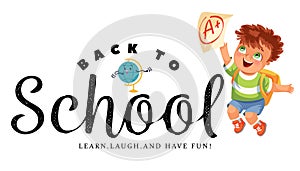Back to school horizontal banner, Education template with happy cartoon boy with excellent mark