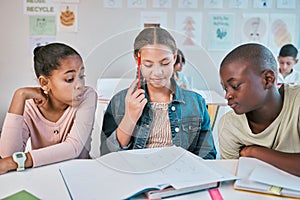 Education, thinking and group of children in classroom working together on project in Montessori school. Books, help and